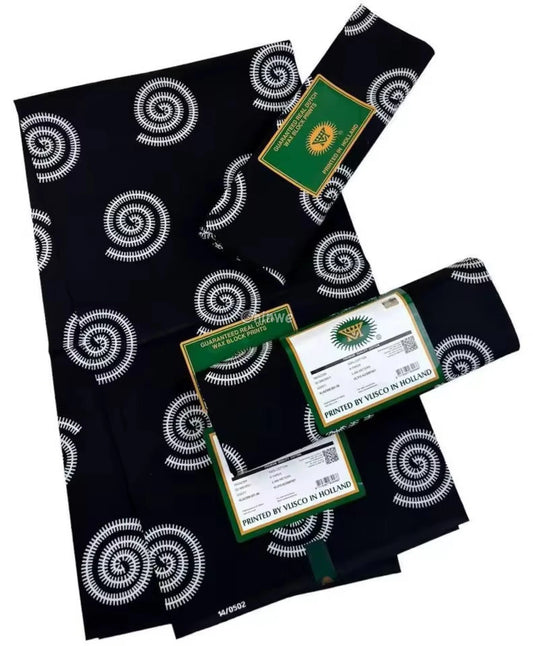 Monochrome Spiral Fabric – White Swirl Pattern on Black Wax Print Fabric 6 Yards African Wax Print Fabric