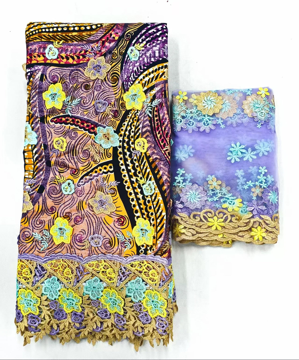 Plum and Lilac Embroidered Wax and Lace Set – Guipure Border, 5 Yards