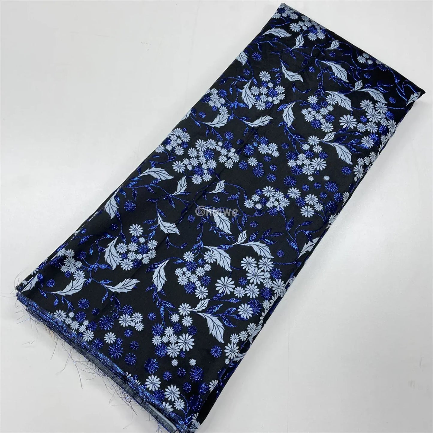 Jacquard Brocade Floral Vine & Daisy Cluster Pattern with Metallic Sheen Jet Black & Sapphire Brocade / 5 yards / 120cm