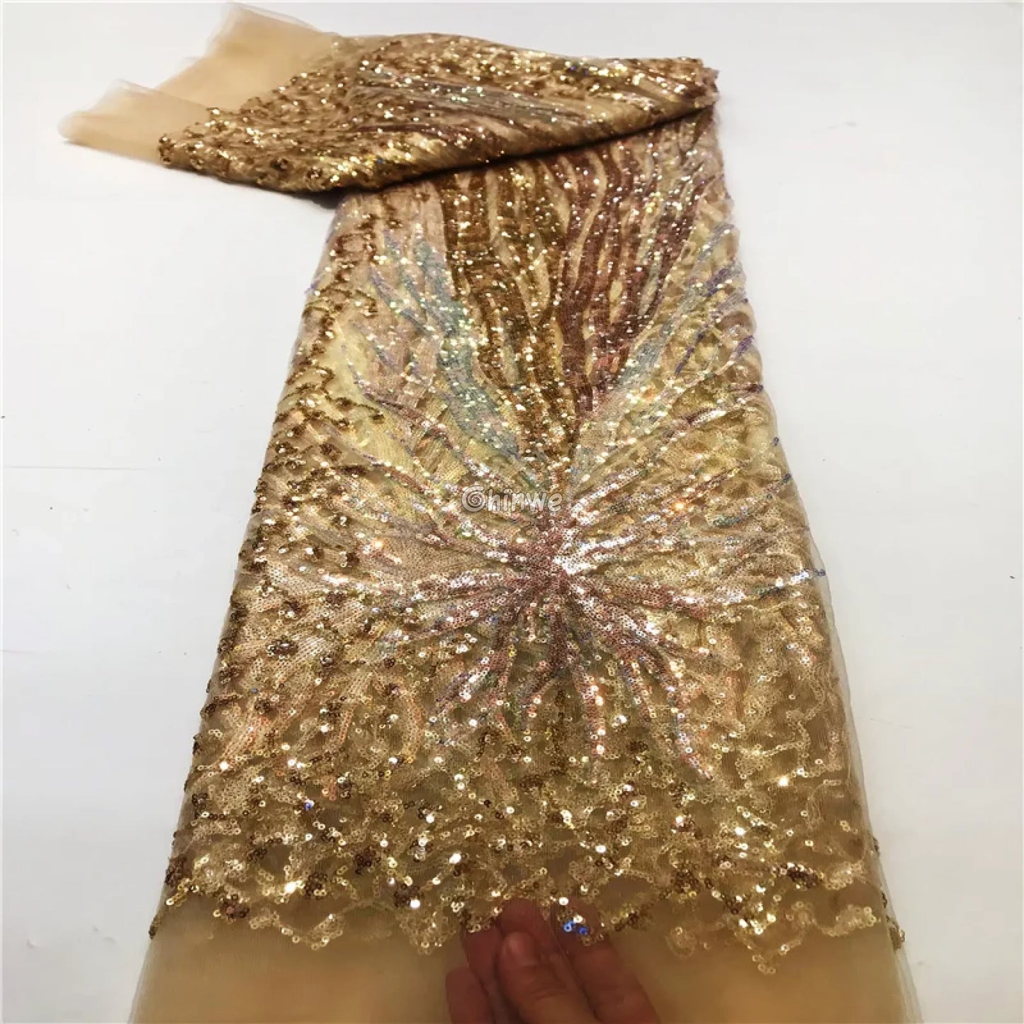 Sequined Burst Embroidered Net Lace with Radiant Flame Motif on Tulle Mesh Golden Mirage / 5 Yards Lace