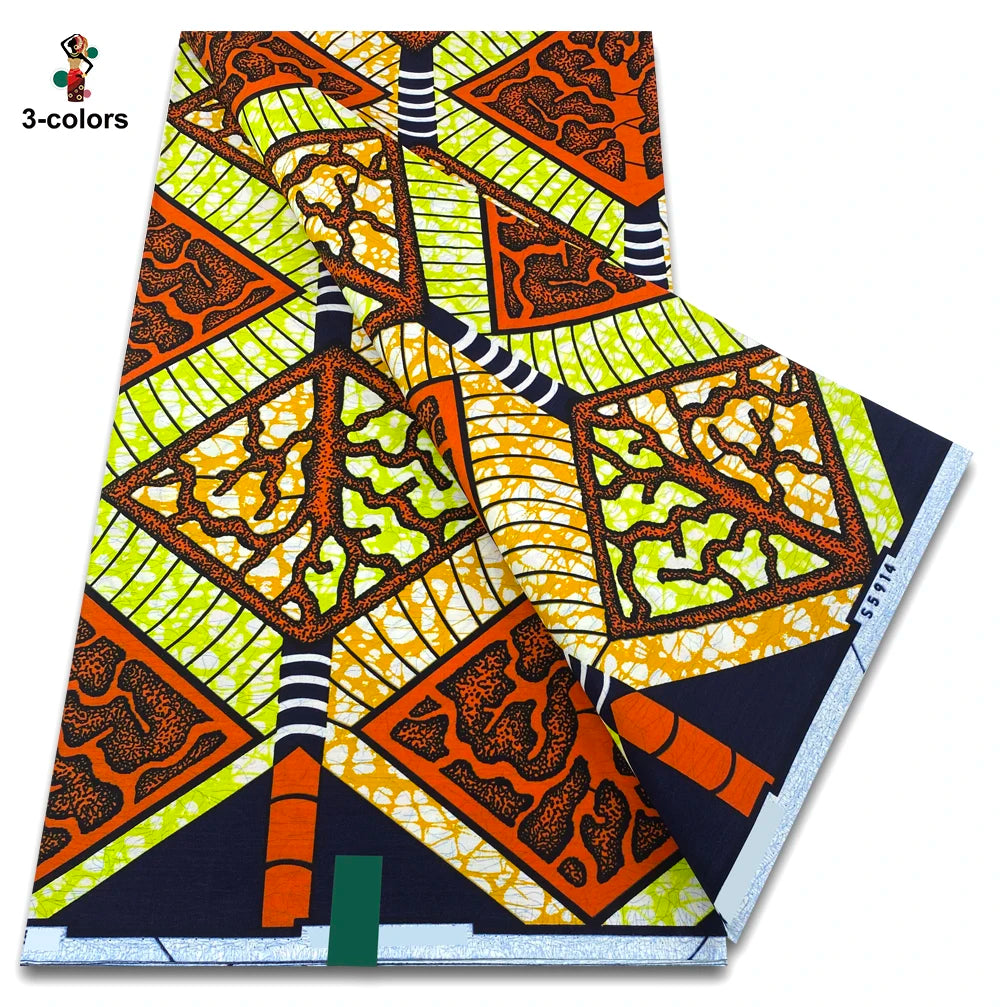 Lime and Orange Diamond Block Ankara Real Wax Print – Navy Accents, 100% Cotton, 6 Yards