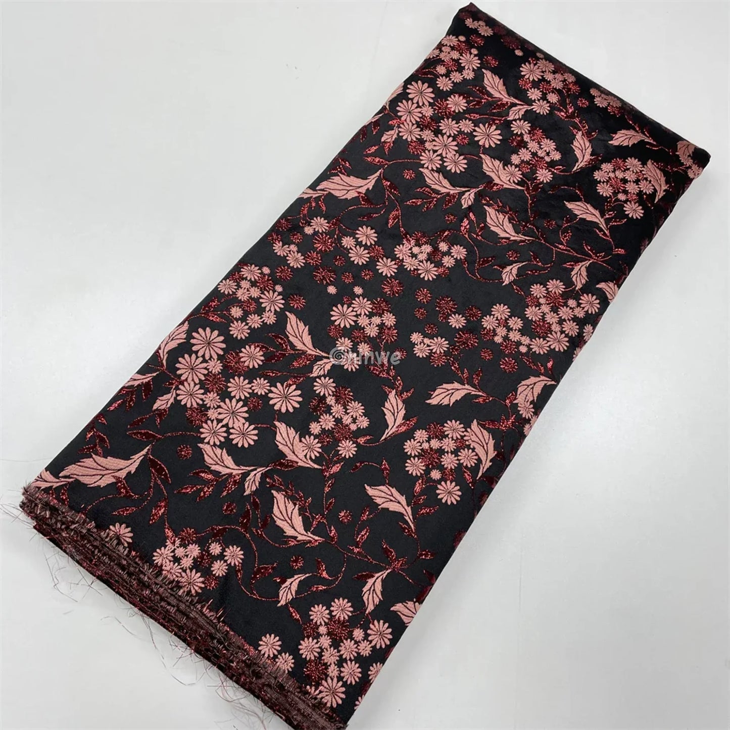 Jacquard Brocade Floral Vine & Daisy Cluster Pattern with Metallic Sheen Charcoal Black & Cherry Brocade / 5 yards