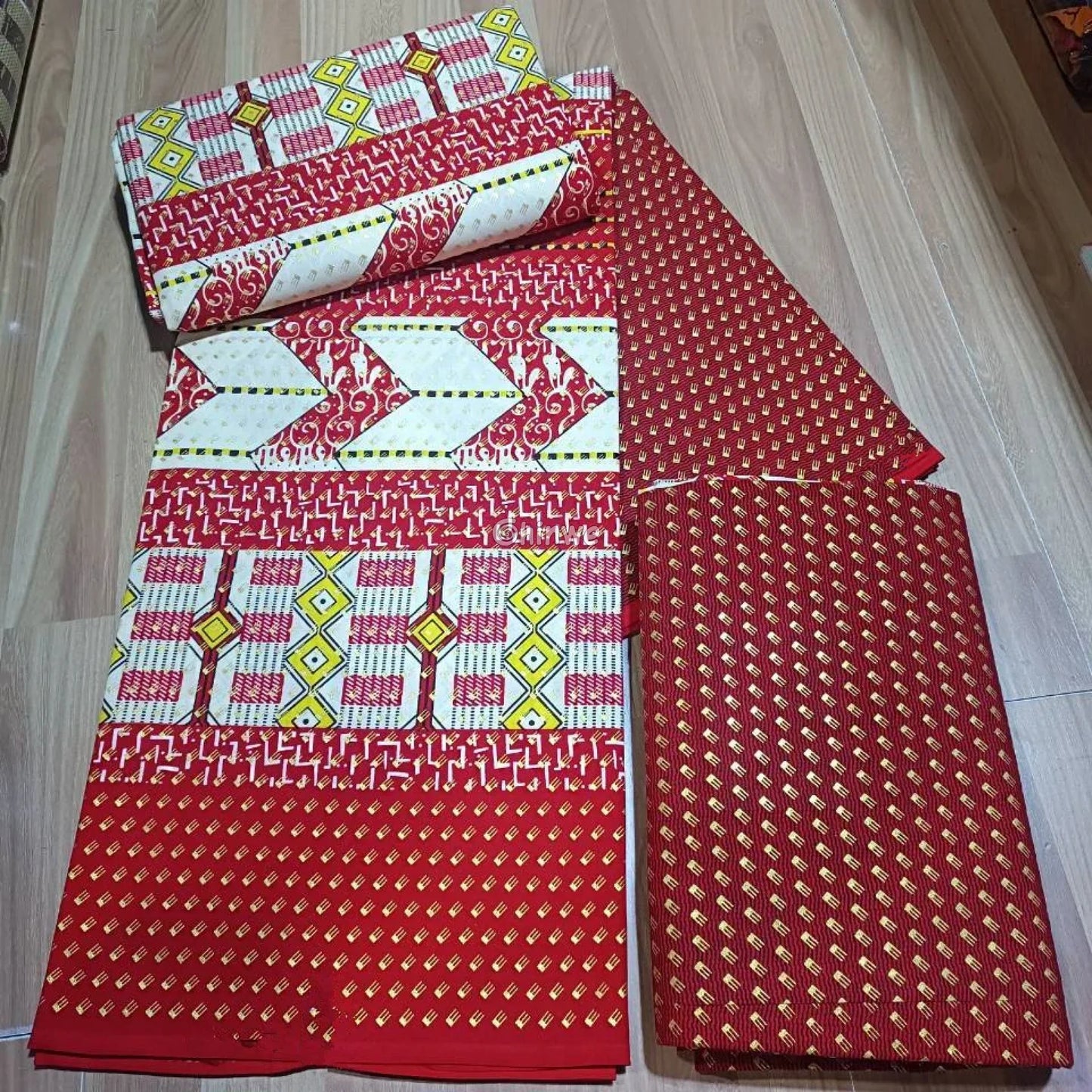 Red White & Gold Kente Brocade with Geometric Motifs Arrow Panels & Metallic Detailing Royal Cipher Kente / 6yards