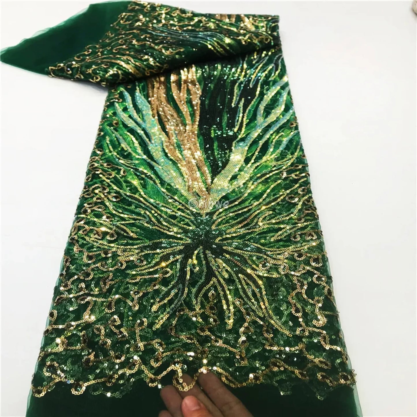 Sequined Burst Embroidered Net Lace with Radiant Flame Motif on Tulle Mesh Emerald Spark / 5 Yards Lace