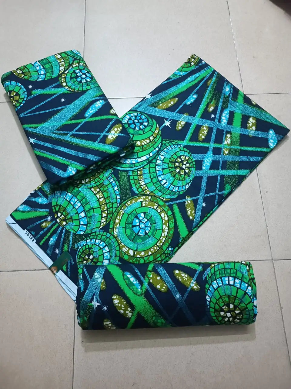Green and Navy Circle Burst Ankara gold wax print fabric, 6 yards