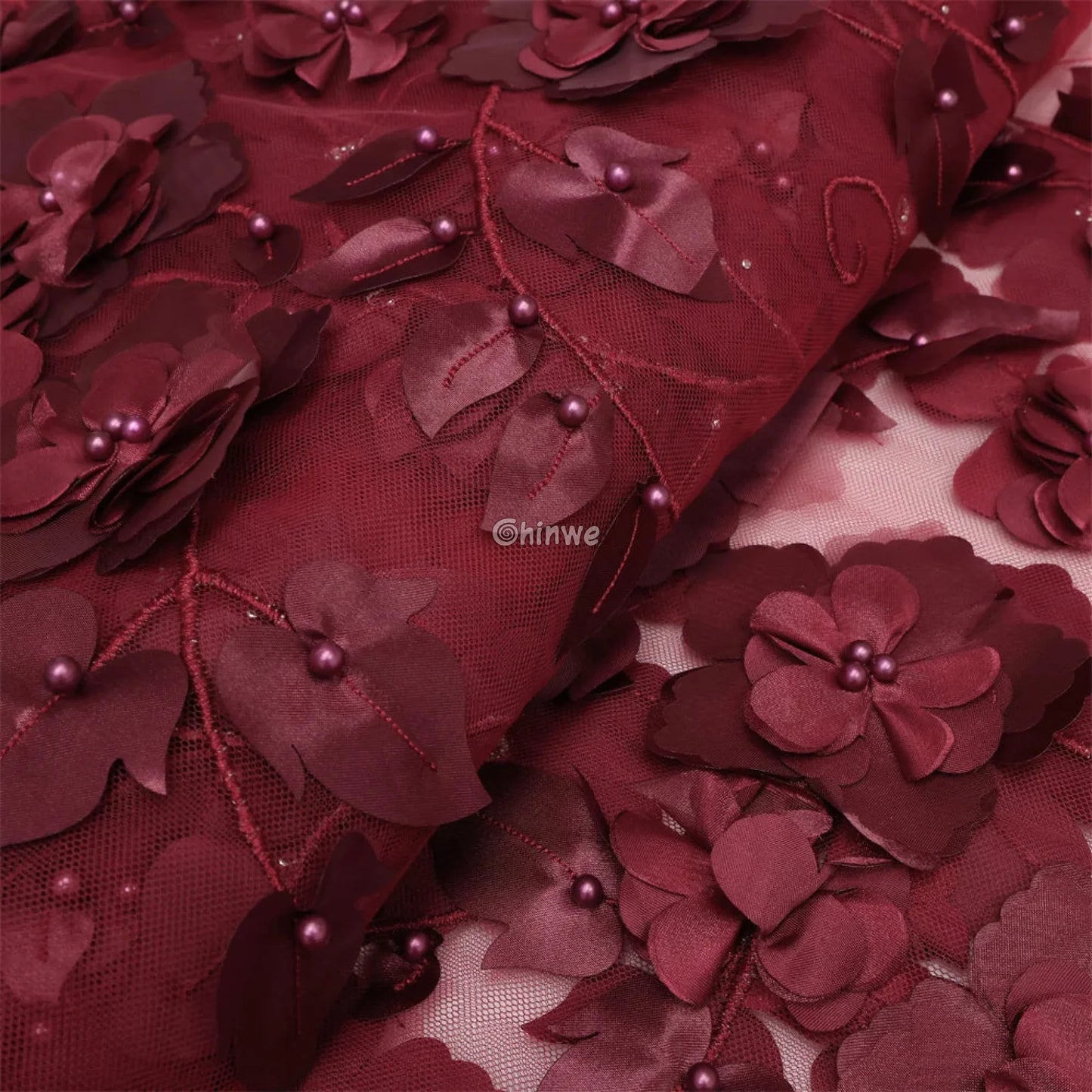 vory Blush Pink Peach & Scarlet Red 3D Floral Appliqué Mesh Lace with Beaded Embroidery