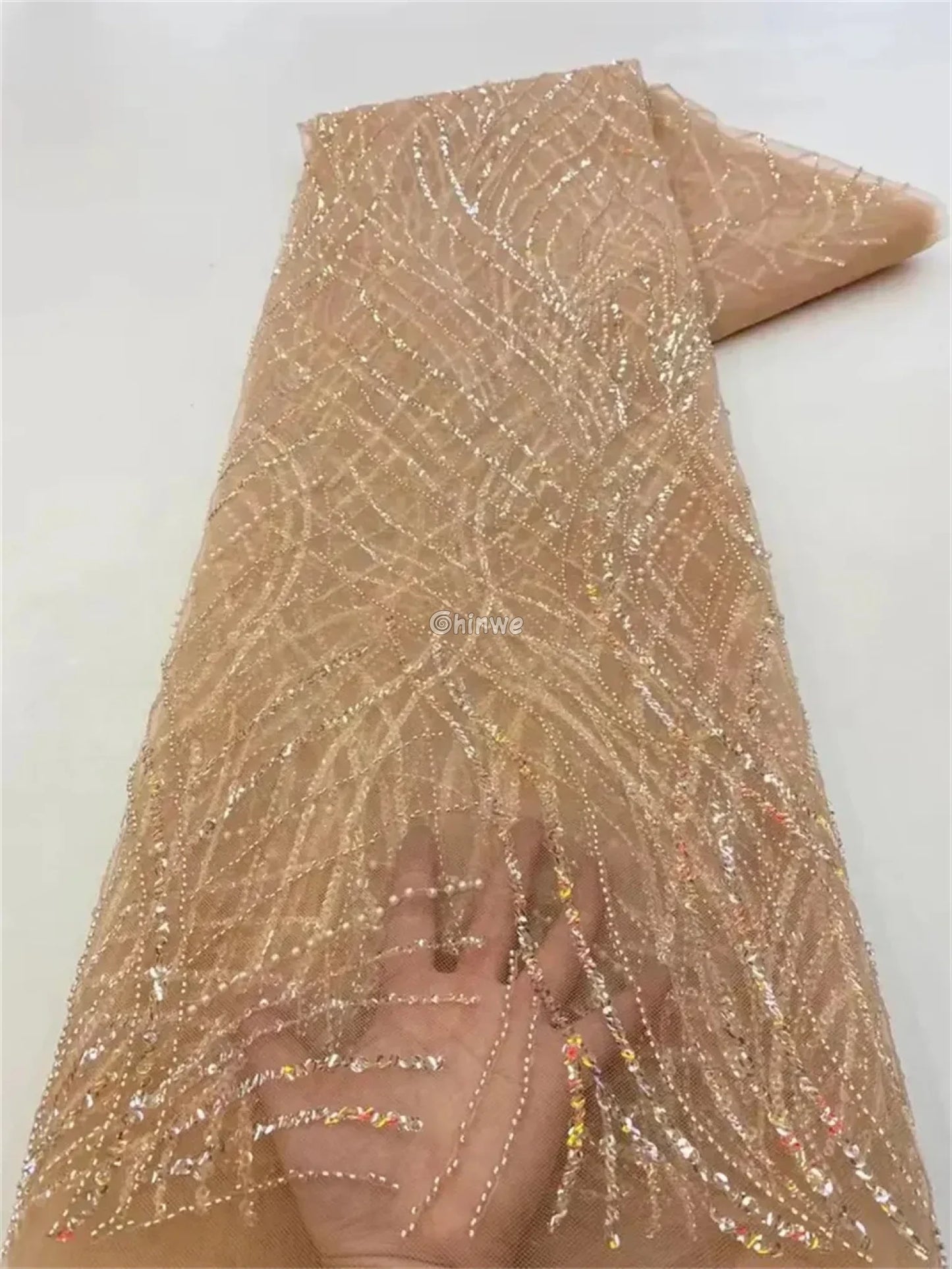Luxury African Sequins Beaded French Lace Fabric with Bridal Embroidery Beige / 120cm / 5 Yards African Wax Print Fabric