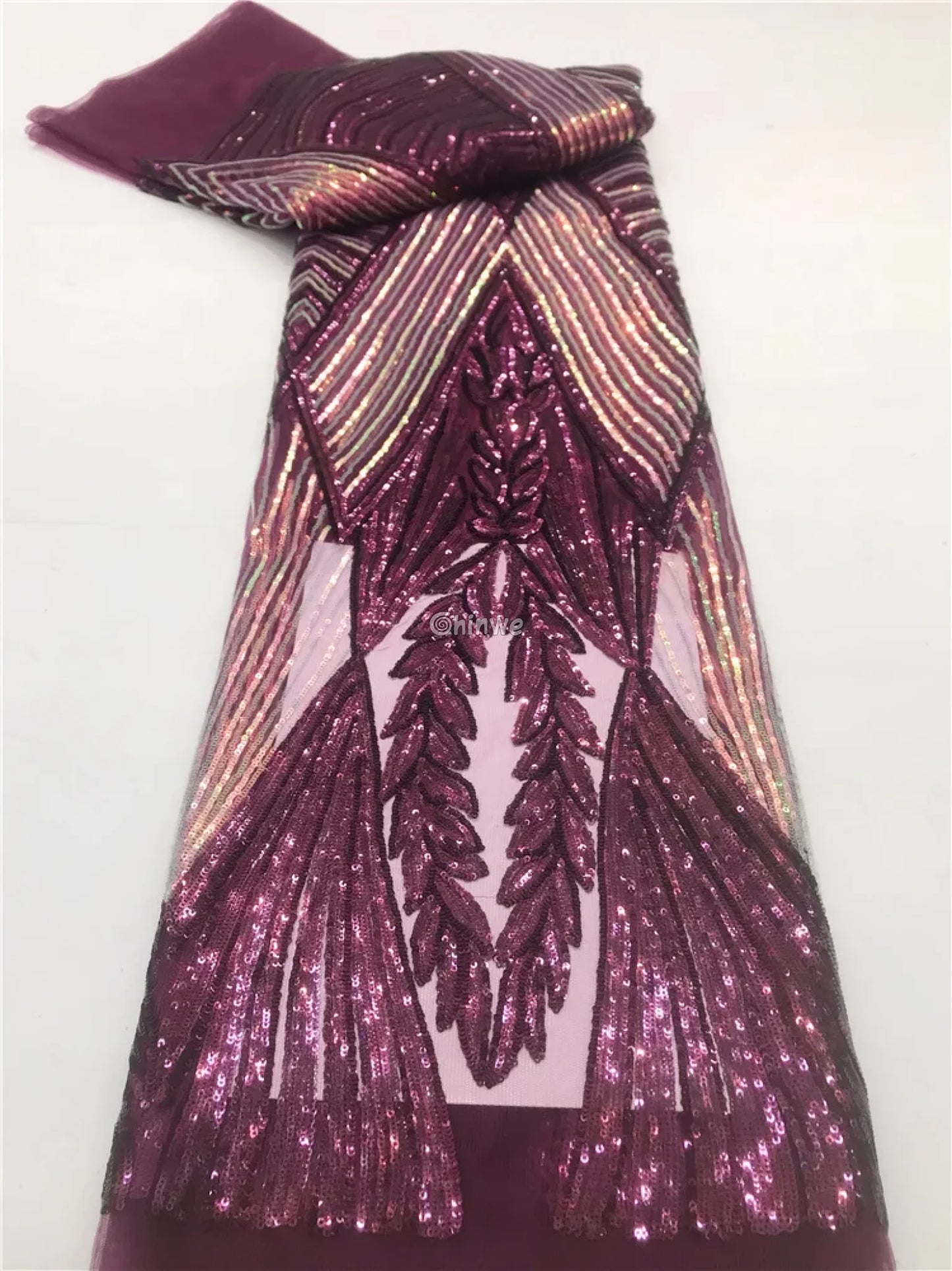 Sequin Embroidered Net Lace with Leaf Motif & Radiant Lines on Sheer Mesh Tulle Base Wine / 5 Yards Lace