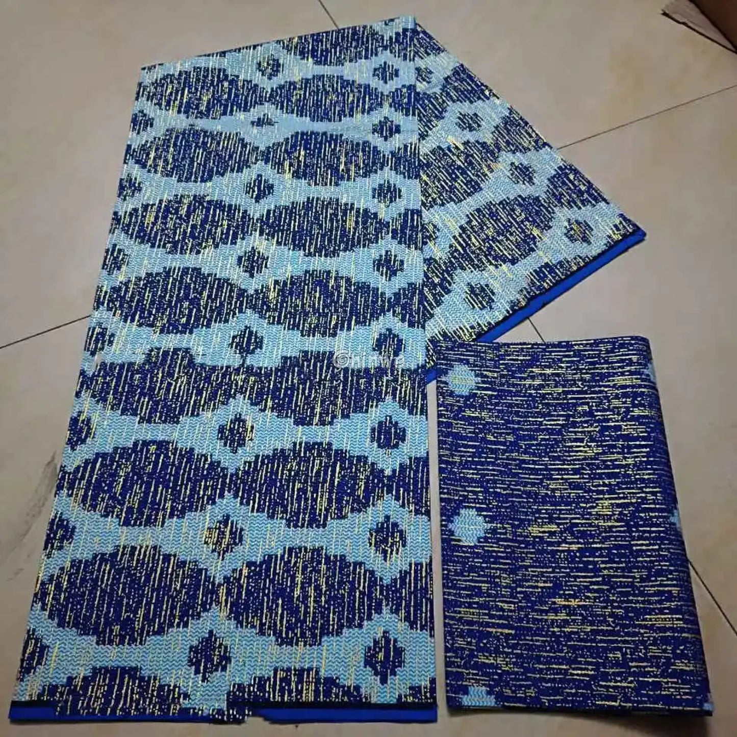 Navy & Sky Blue Kente Brocade with Wave-Inspired Motif and Gold Metallic Shimmer Detail Ocean Rhythm Kente / 6yards