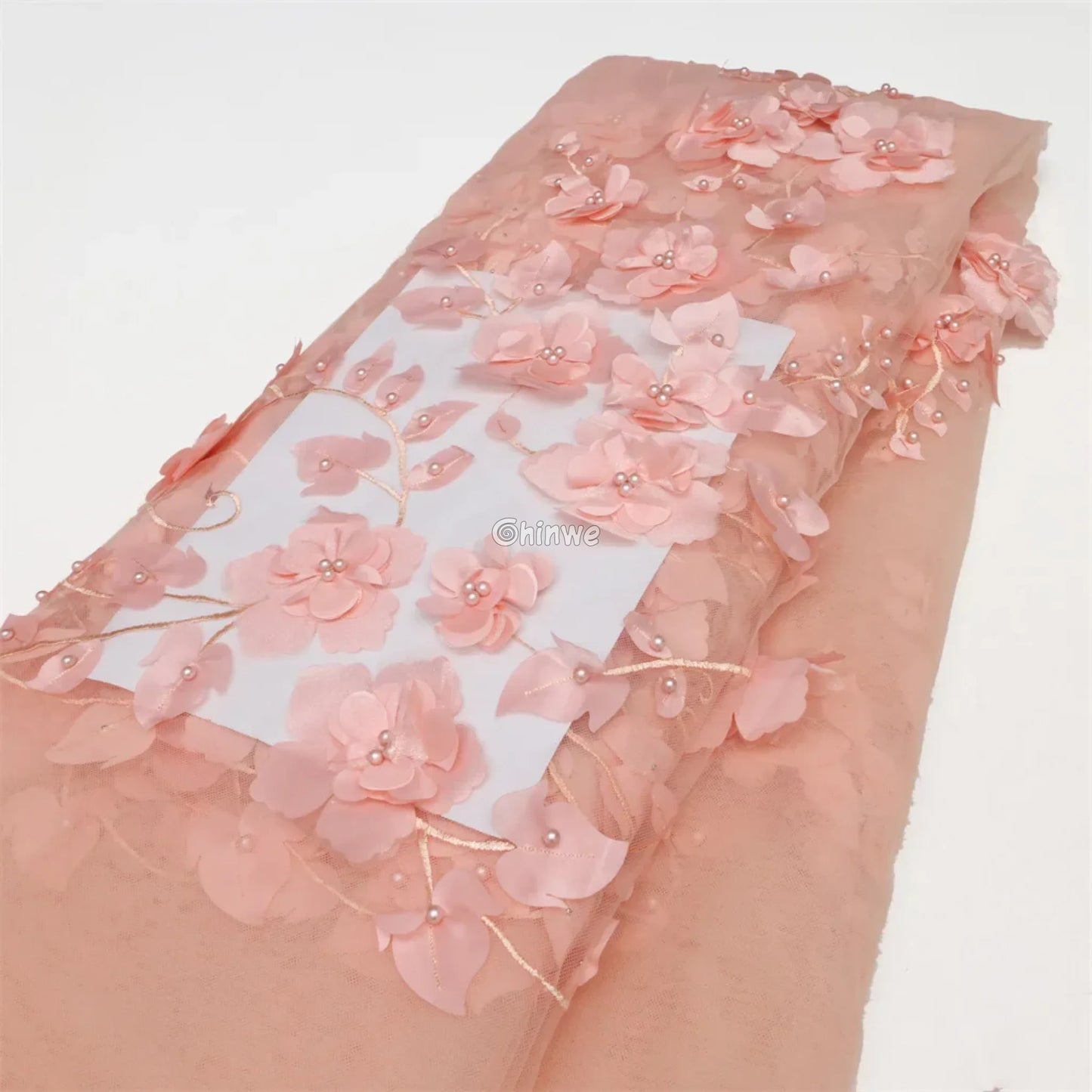 vory Blush Pink Peach & Scarlet Red 3D Floral Appliqué Mesh Lace with Beaded Embroidery