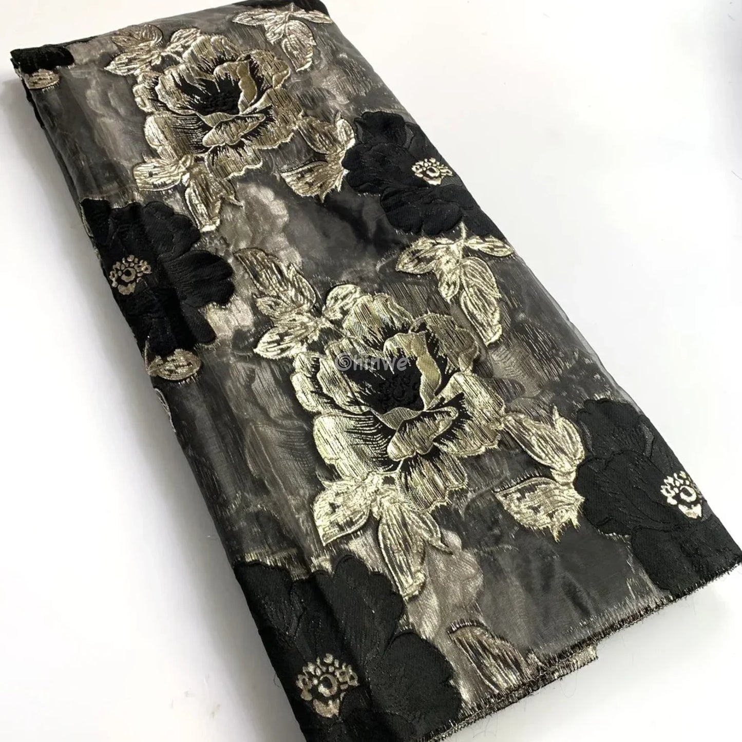 Jacquard Brocade Floral Lace Fabric with Metallic Embroidery and Sheer Mesh Backing Overlay Lace