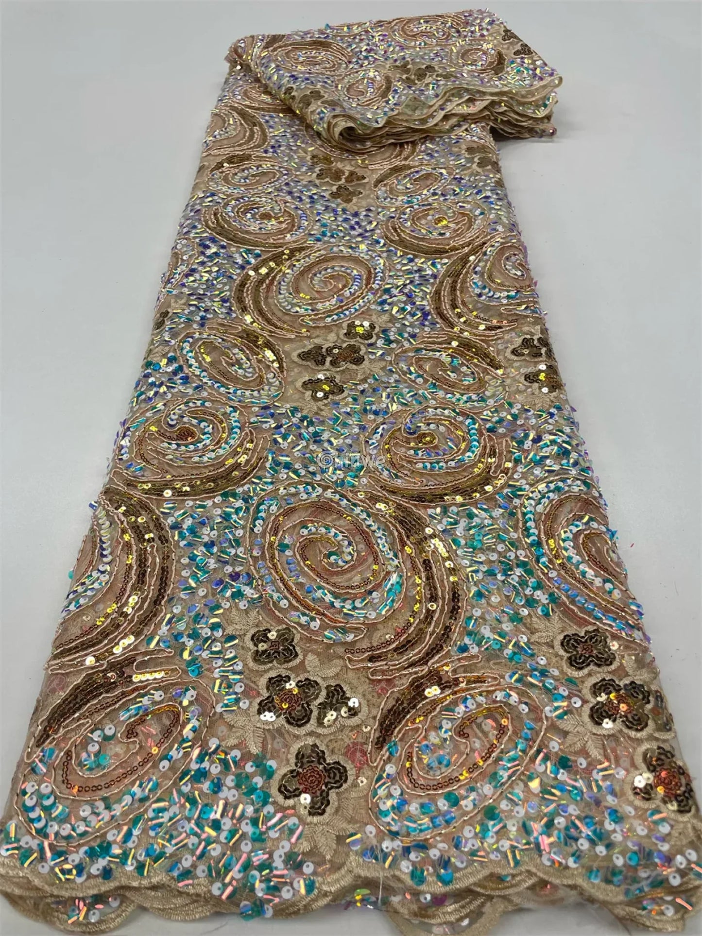 Sequined Spiral Paisley Lace with Beaded Floral Detailing on Sheer Mesh Base Beige base with aqua sequin swirl design