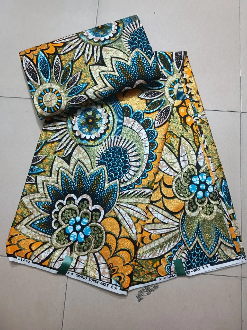Orange and Teal Lotus Floral Ankara gold wax print fabric, 6 yards