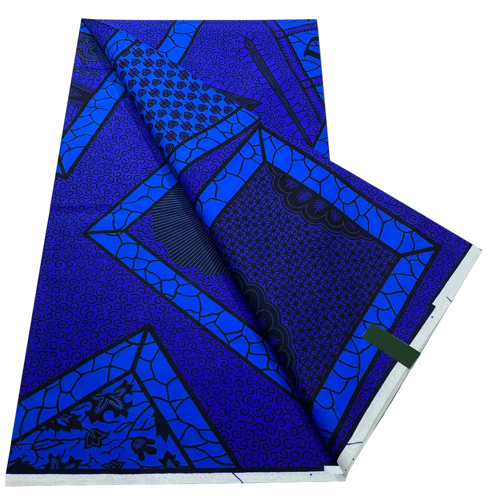 Royal Blue Geometric Ankara Wax Print Fabric – Electric Blue Diamond Frames, 6 Yards