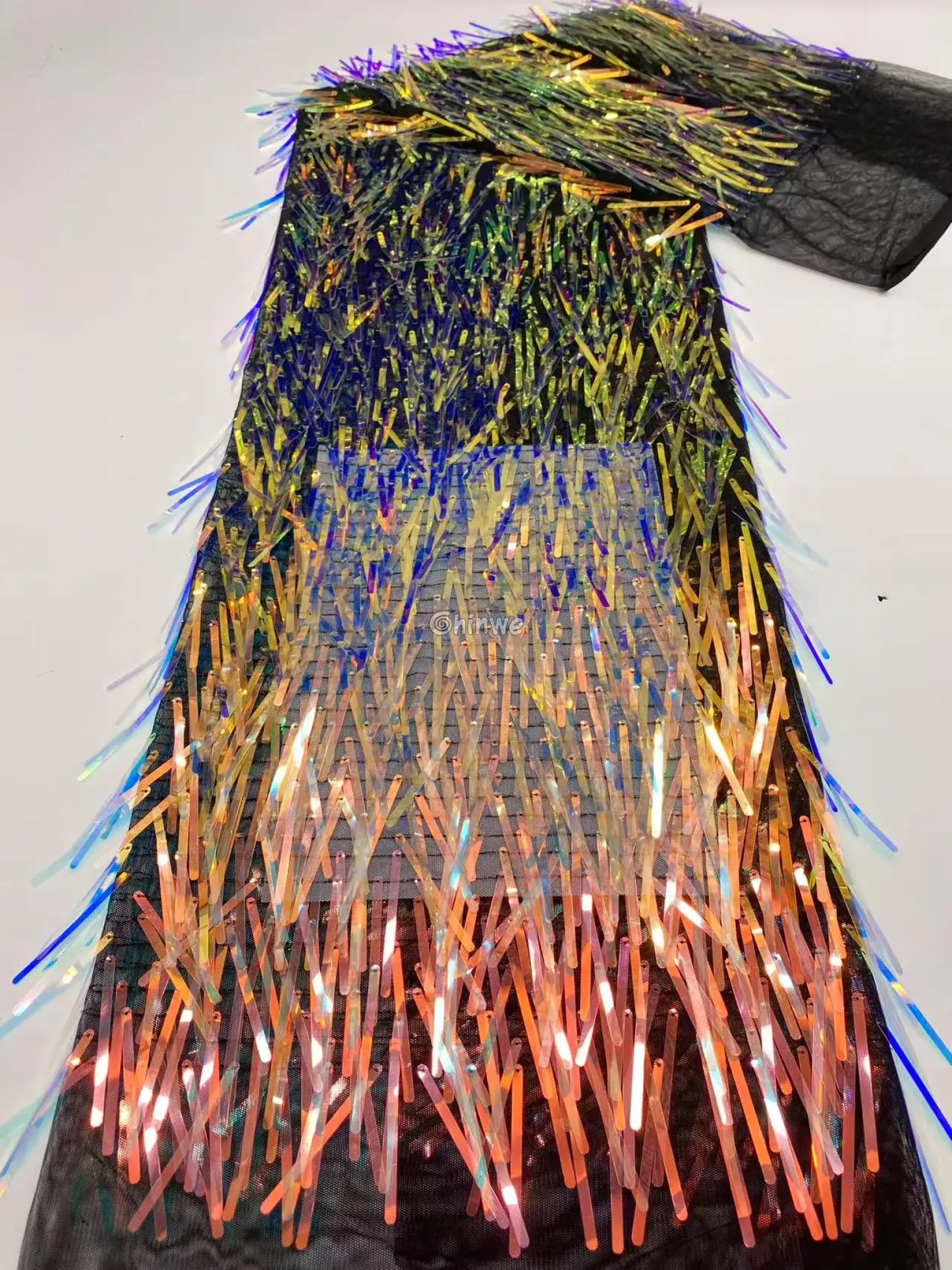 Iridescent Sequin Tinsel Fringe Fabric with Layered Shimmer Strips and Sheer Mesh Base Iridescent Sunset Fringe / 120cm