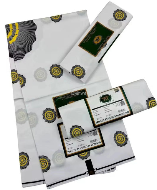 White and Yellow Sunburst Ankara Fabric - Vlisco Wax Print - Premium Dutch Cotton 6 Yards 6 Yards African Wax Print