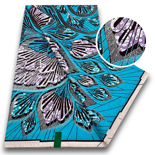 Turquoise Feather Ankara Flash Gold Wax Print Fabric – Lilac and Silver Leaves, 6 Yards