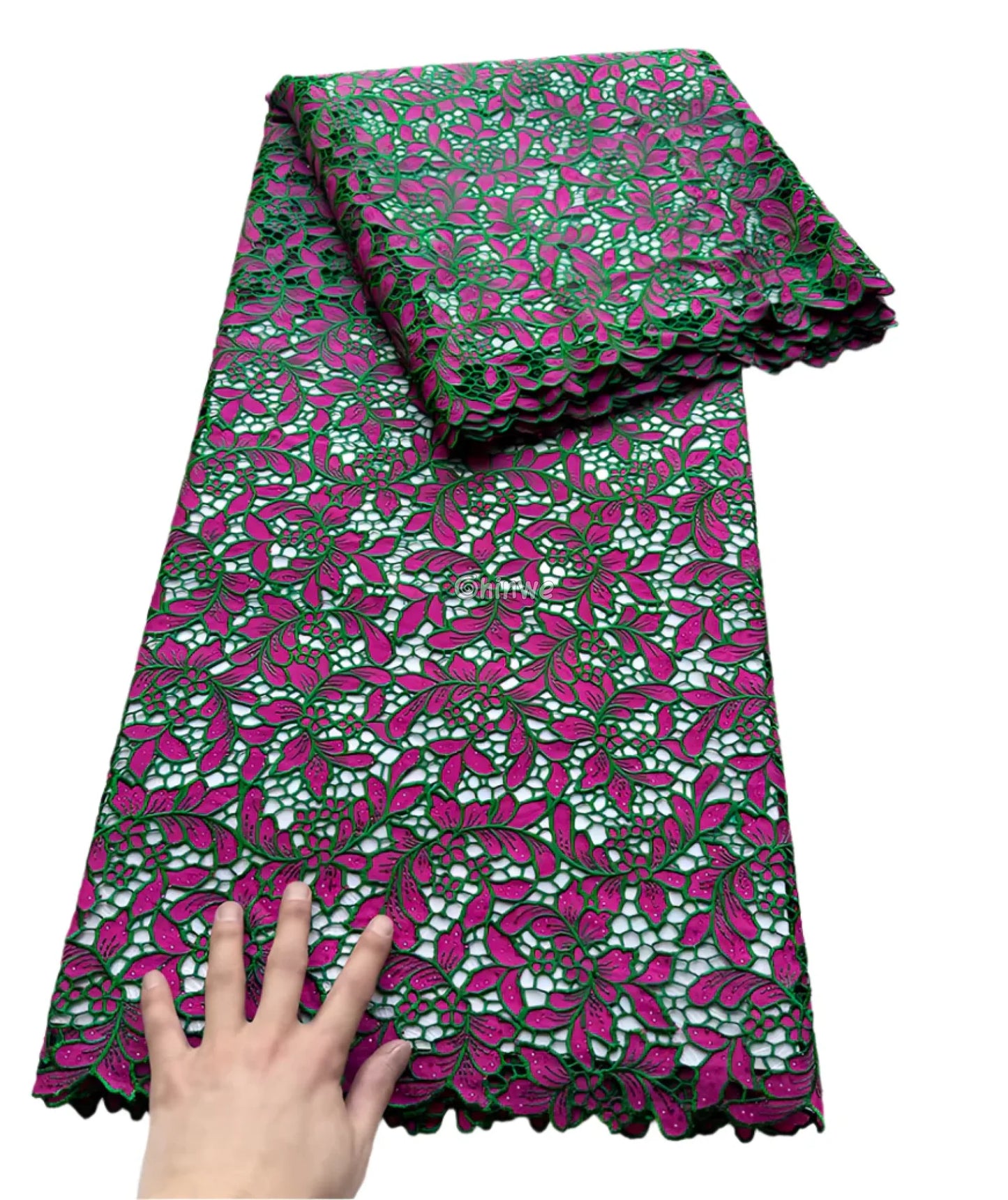 Luxury Guipure Lace Fabric – Floral Corded Korean Lace with Czech Stones Fuchsia Green / 5yard Lace