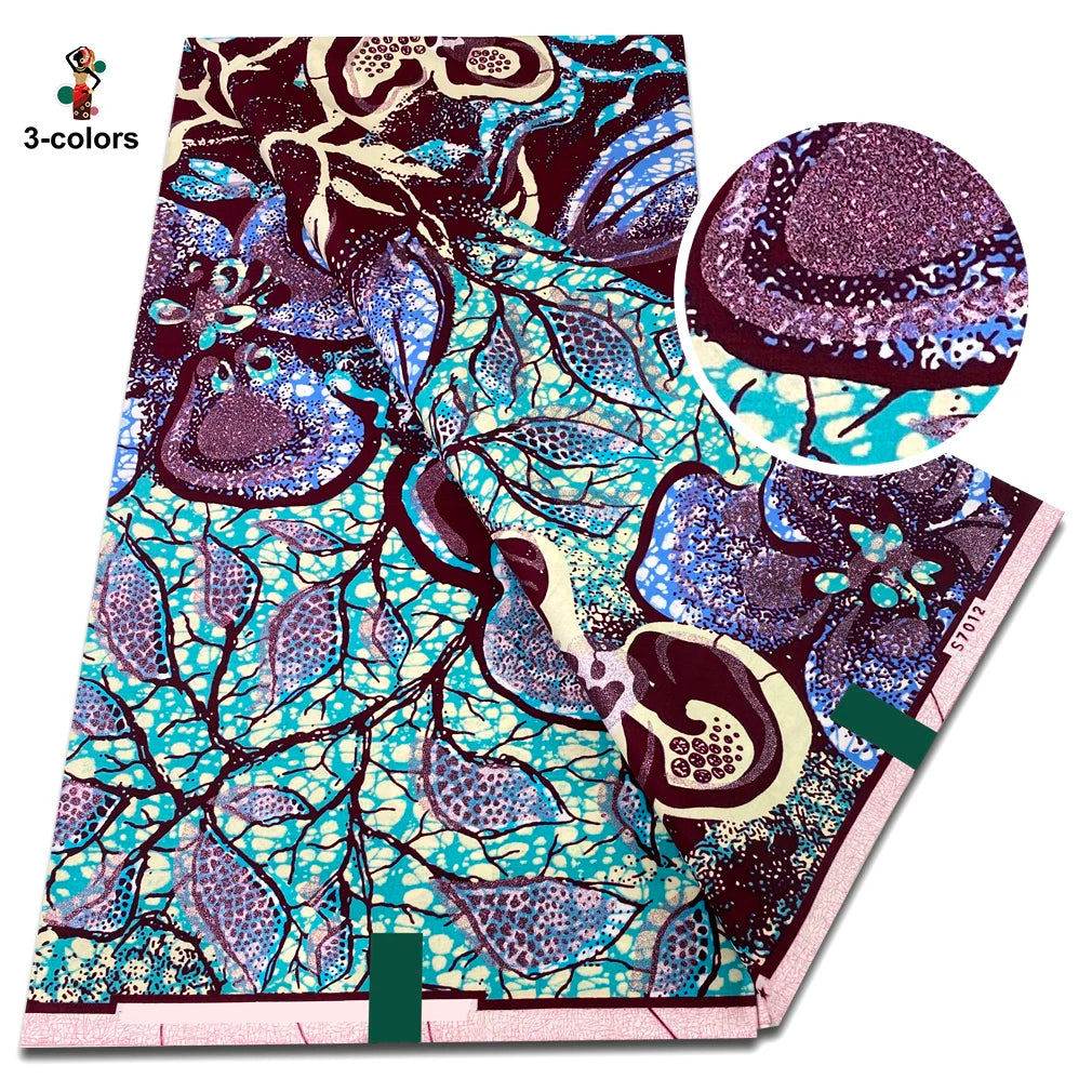 Plum & Aqua Leaf Vein Flash Gold Wax Print – Grand Super Glitter, 6 Yards