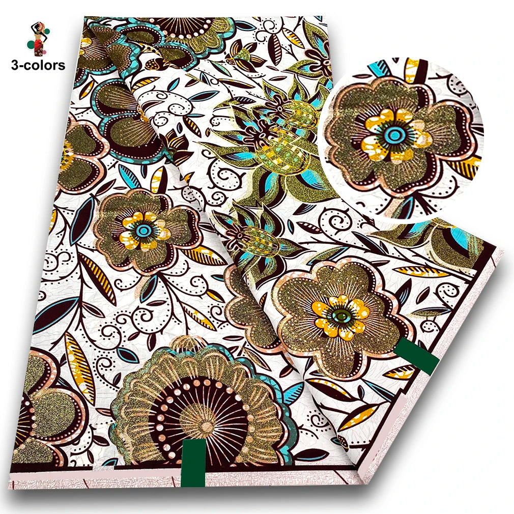 Garden Bloom Flash Gold Wax Fabric – Teal, Sky Blue, Coral Red or Cream, Grand Super Glitter, 6 Yards