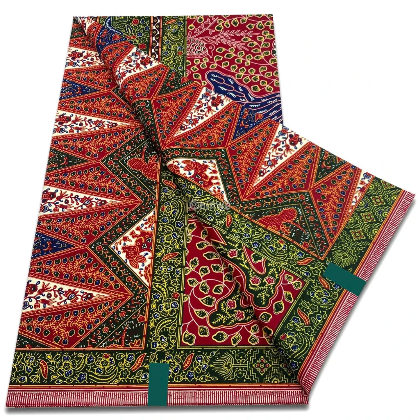 Bold Red & Olive Green Patchwork Print with Geometric Florals and Ornamental Borders Bold Red & Olive Green Patchwor