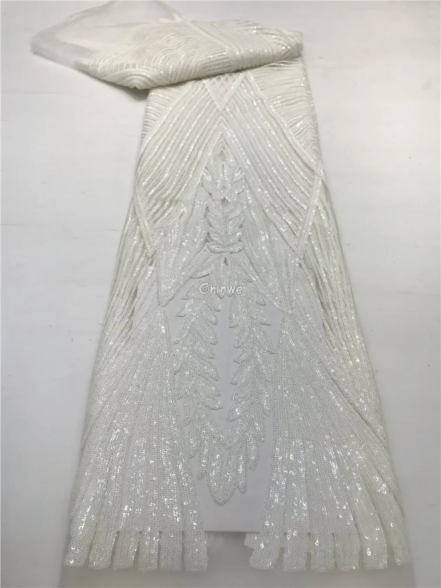 Sequin Embroidered Net Lace with Leaf Motif & Radiant Lines on Sheer Mesh Tulle Base Pearl White / 5 Yards Lace