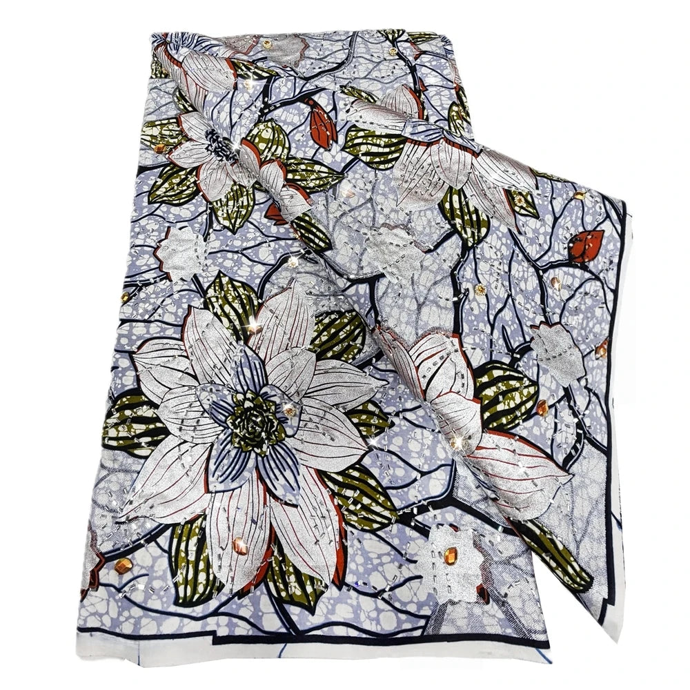 White Lily & Gold Leaf Stoned Wax Print – Heavyweight Poplin with Stones, 6 Yards