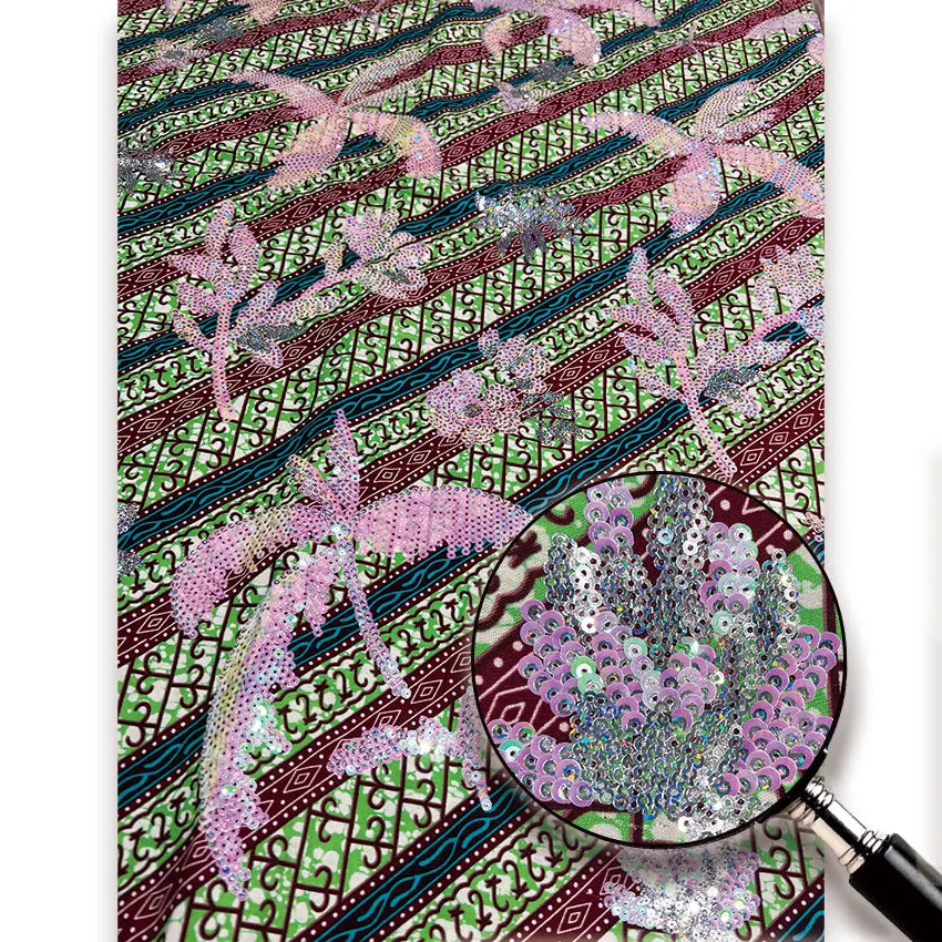 Pink Palm Stripe Sequin Wax Fabric – Green & Cream, 100% Cotton, 6 Yards