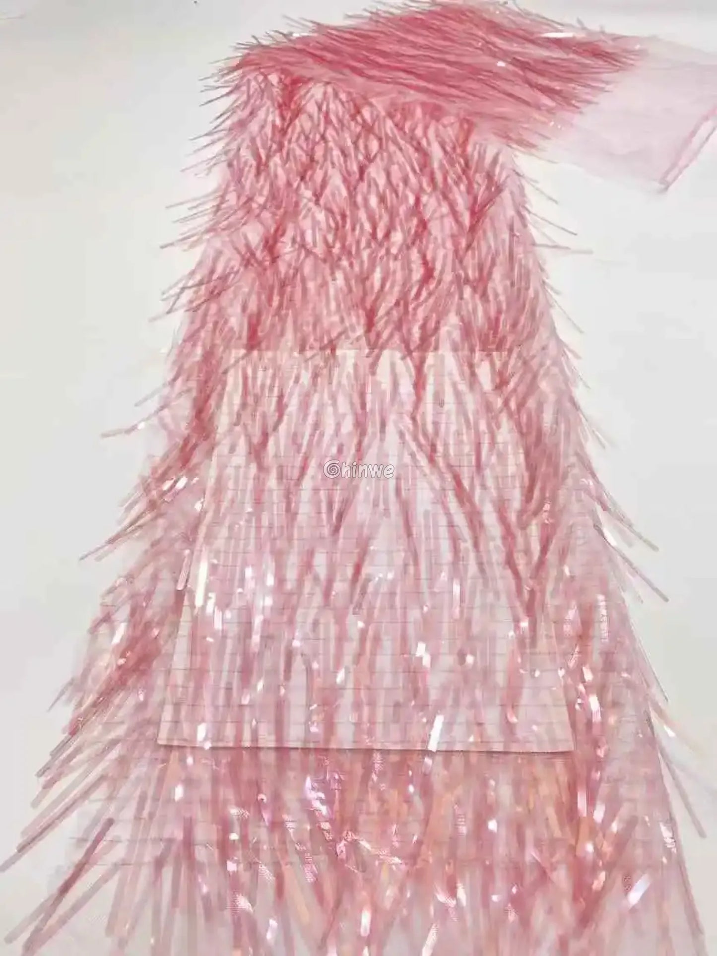 Iridescent Sequin Tinsel Fringe Fabric with Layered Shimmer Strips and Sheer Mesh Base Rosé Pink Fringe / 120cm