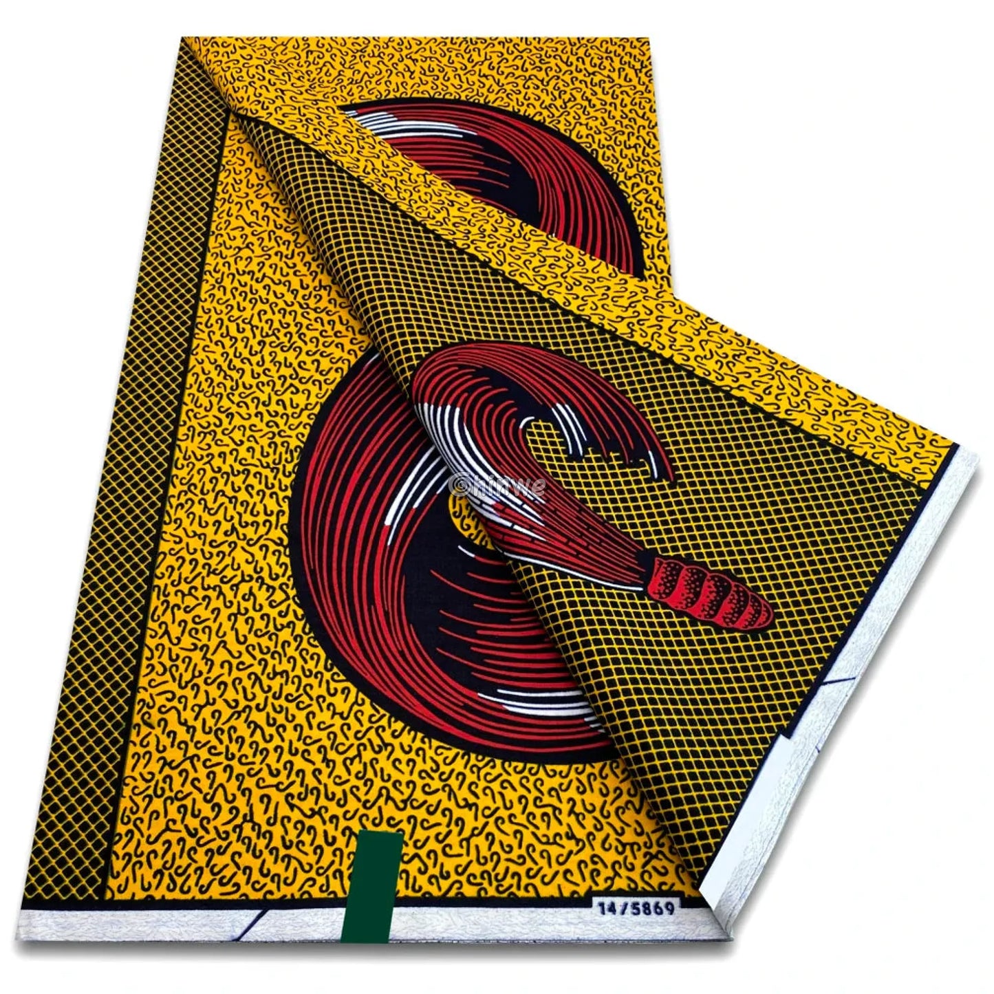 Crimson swirl wax print with golden mustard grids and abstract curl textures on bold black base Golden Mustard &