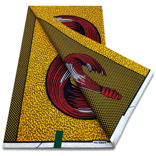 Crimson swirl wax print with golden mustard grids and abstract curl textures on bold black base Golden Mustard &