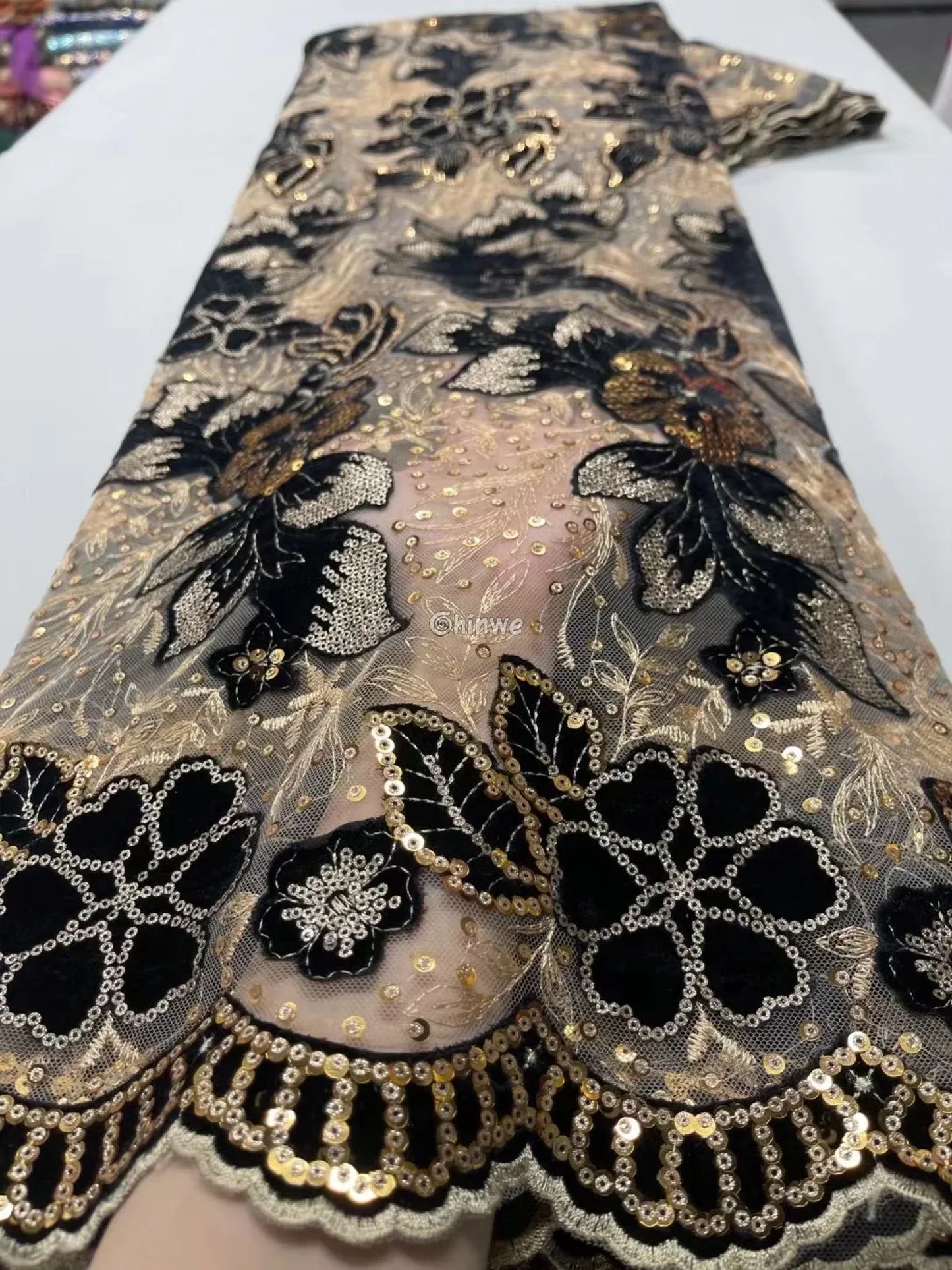 Velvet Lace with Floral Embroidery Sequin Highlights & Scalloped Edge on Sheer Mesh Base Jet Black & Gold / 5 yards