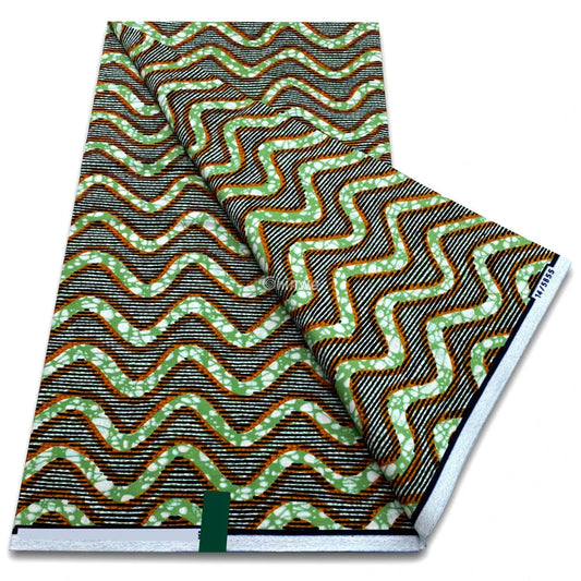 Sage green and burnt orange ripple wave print with dotted zigzag lines on deep striped wax base Sage Green & Burnt