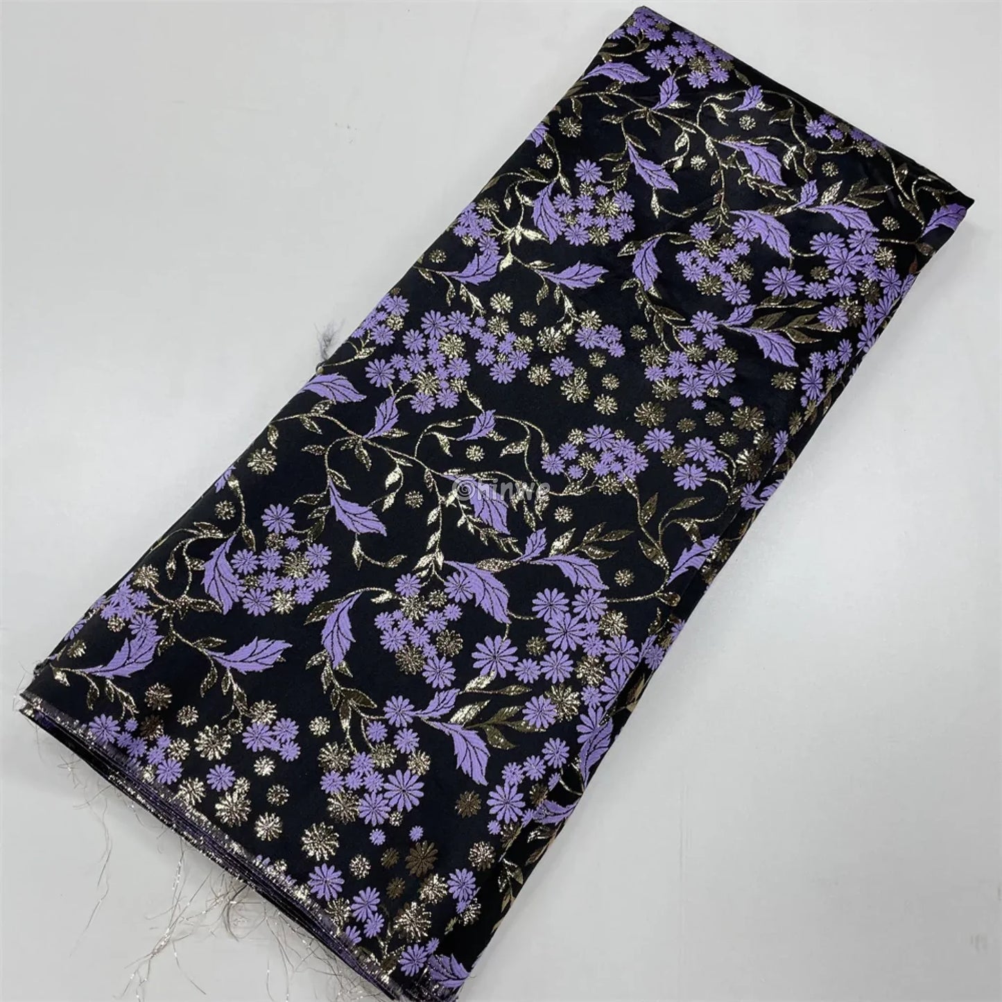 Jacquard Brocade Floral Vine & Daisy Cluster Pattern with Metallic Sheen Midnight Black & Lavender Brocade / 5 yards