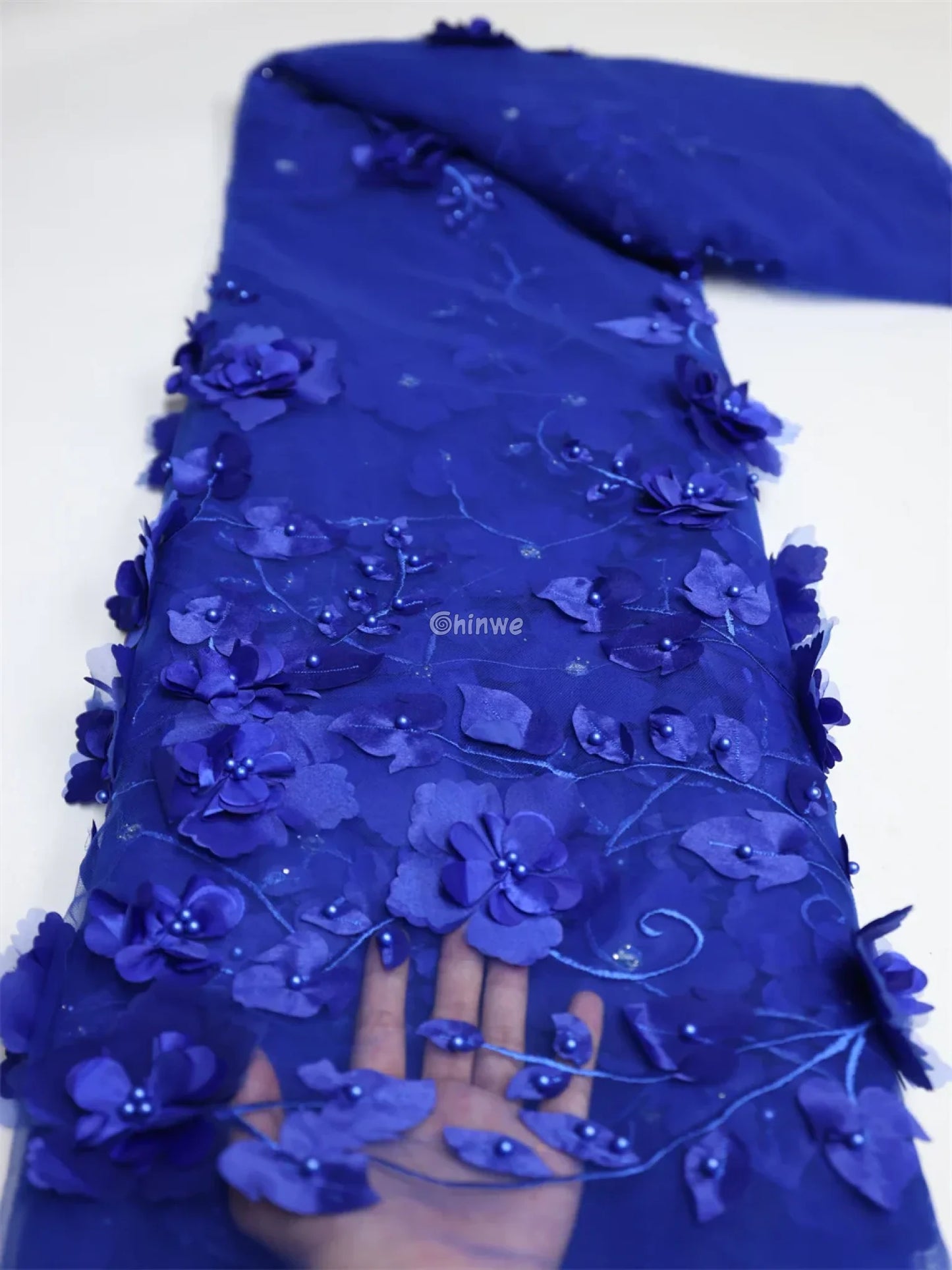 vory Blush Pink Peach & Scarlet Red 3D Floral Appliqué Mesh Lace with Beaded Embroidery Cobalt Blue / 5Yards / 120cm