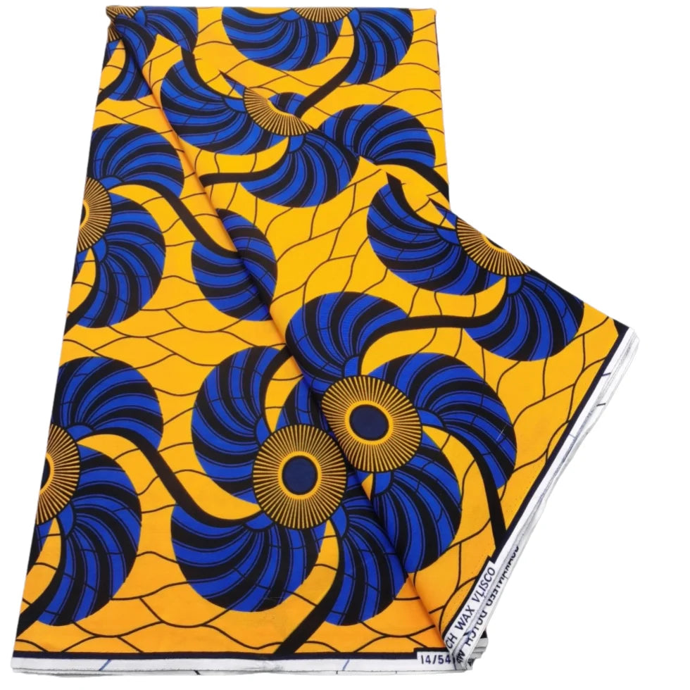 Mustard and Navy Swirl Ankara wax print fabric, 6 yards