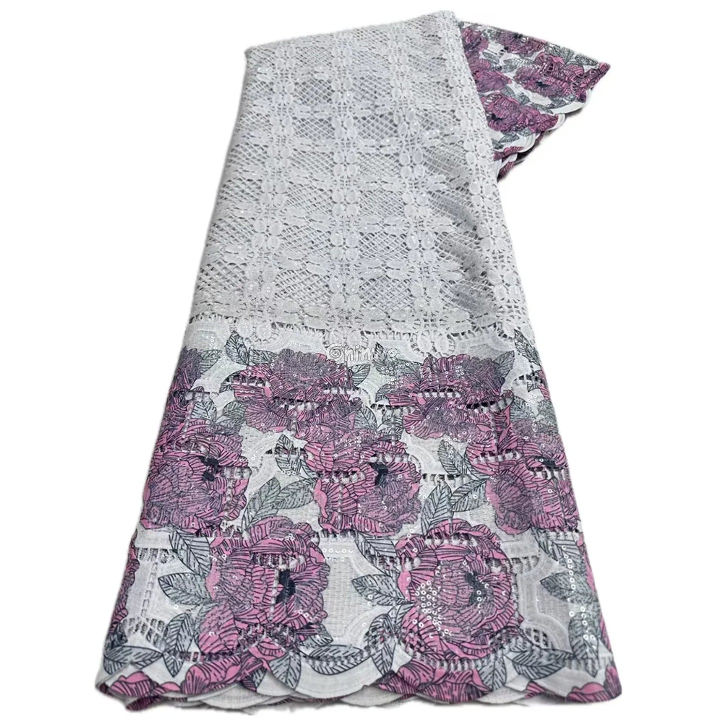 Sequin-Embroidered Mesh Lace with Geometric Grid Overlay & Scalloped Floral Border Fabric Plum Purple Floral / 5 Yards