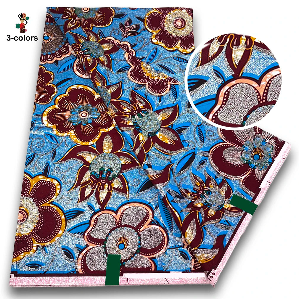 Garden Bloom Flash Gold Wax Fabric – Teal, Sky Blue, Coral Red or Cream, Grand Super Glitter, 6 Yards