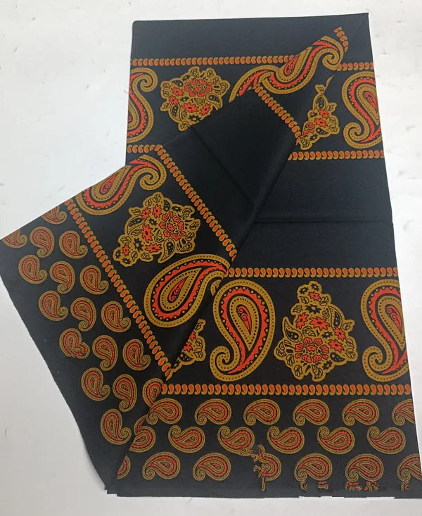 Orange Paisley Panels on Black Ankara Real Wax Print – 100% Cotton, 6 Yards