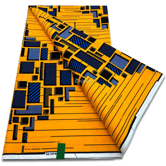 Golden Yellow Fabric with Abstract Blue & Black Grid Block Matrix & Linear Stripe Detailing Golden Maze Grid / 6 yards