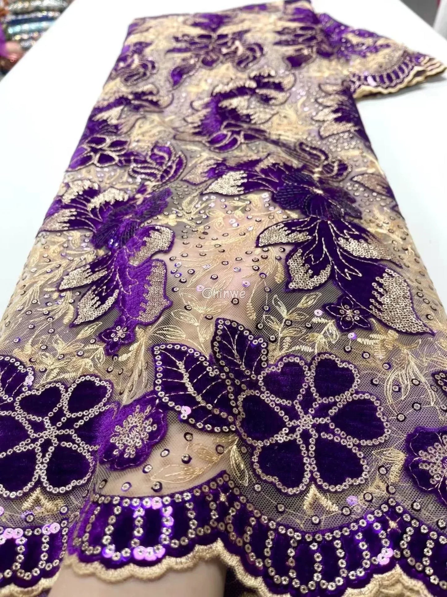Velvet Lace with Floral Embroidery Sequin Highlights & Scalloped Edge on Sheer Mesh Base Royal Purple & Champagne / 5