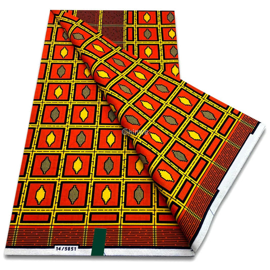 Orange wax print with tribal diamonds in yellow and black over a square lattice grid background Fiery Orange Grid with