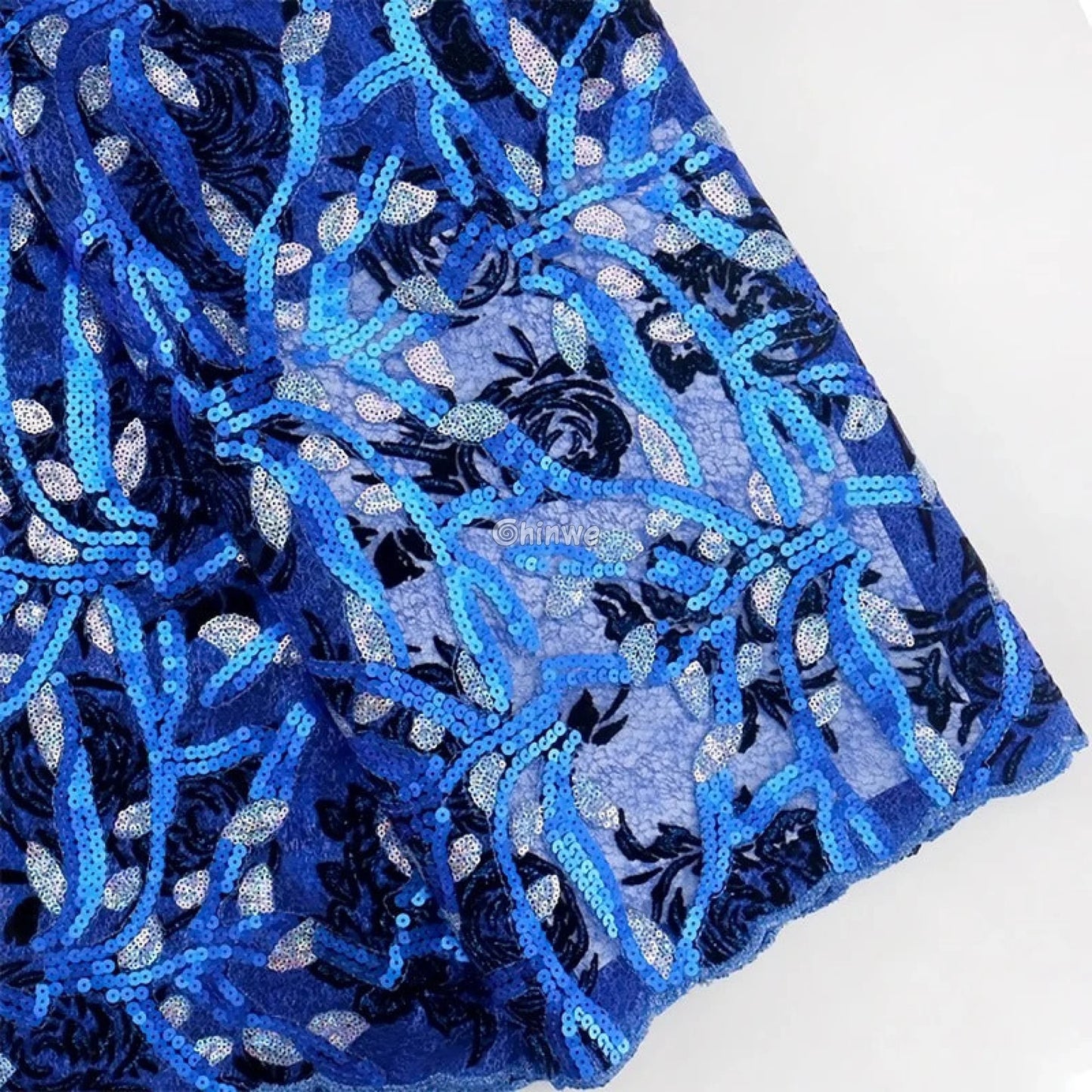 Sequined Corded Lace Fabric with Floral & Leaf Embroidery on Soft Tulle Mesh Base Lace