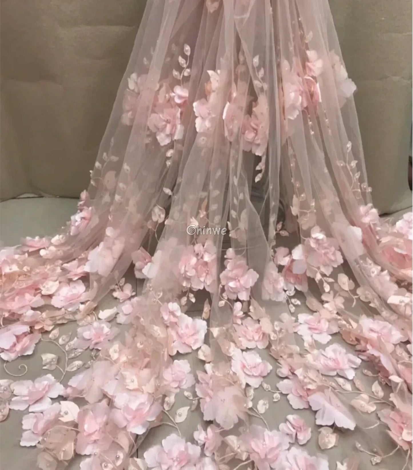 vory Blush Pink Peach & Scarlet Red 3D Floral Appliqué Mesh Lace with Beaded Embroidery