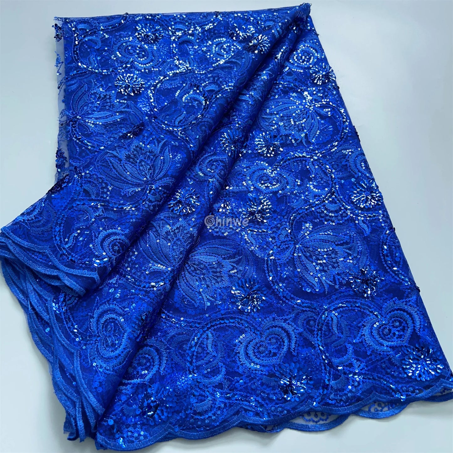 Embroidered Spiral & Floral Mesh Lace with Scattered Sequins on Sheer Tulle Royal Cobalt Swirl Lace / 5Yards Lace