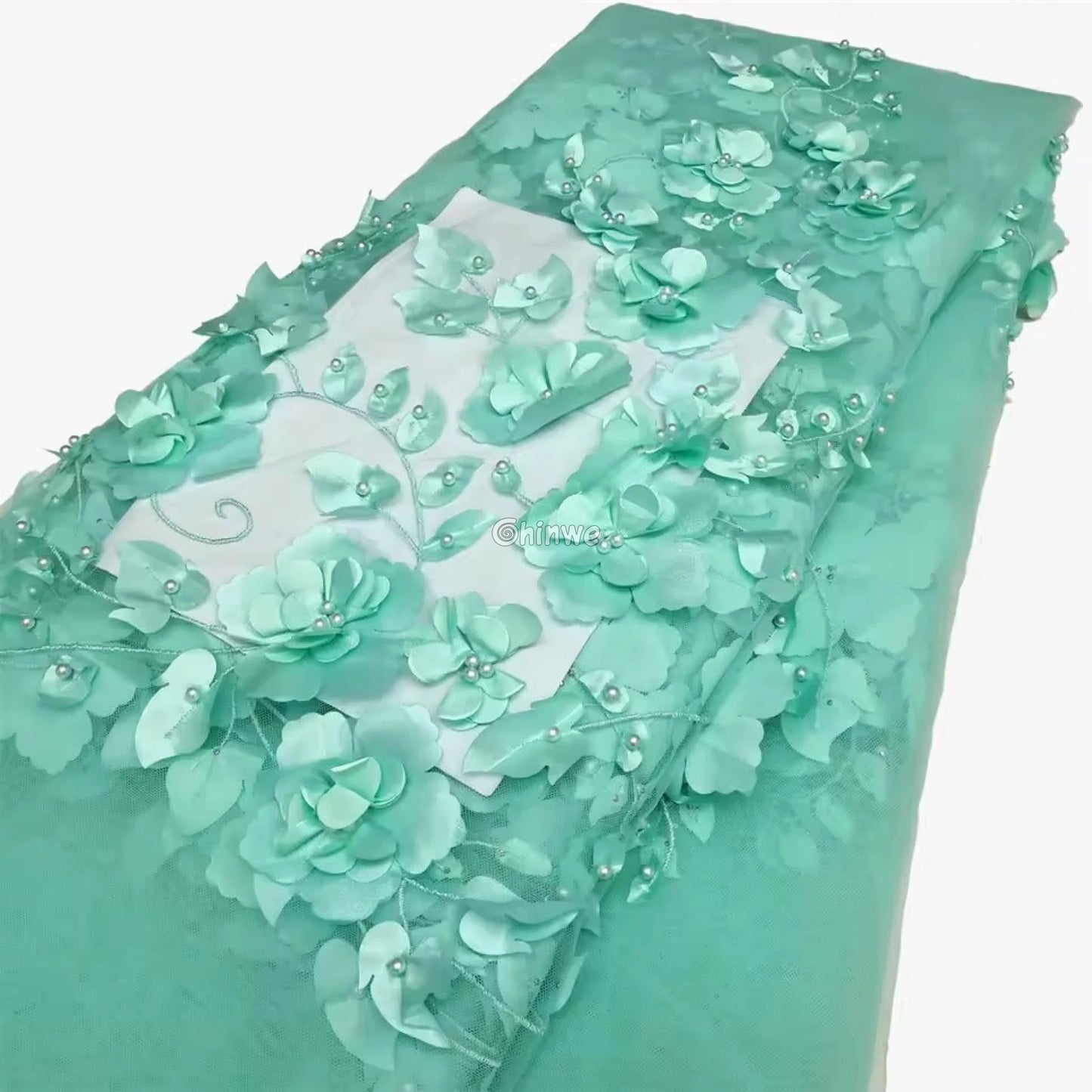 vory Blush Pink Peach & Scarlet Red 3D Floral Appliqué Mesh Lace with Beaded Embroidery Mint Green / 5Yards / 120cm