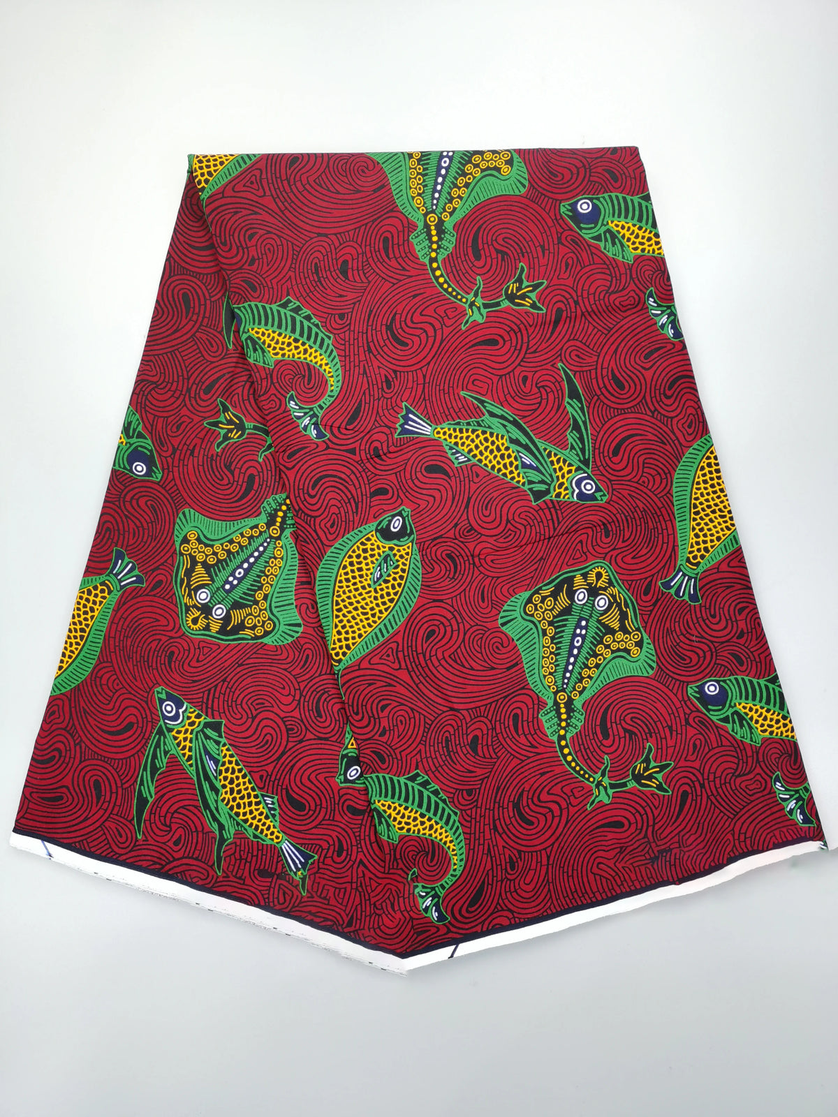 Green Fish on Red Ankara Real Wax Print – 100% Cotton, 6 Yards