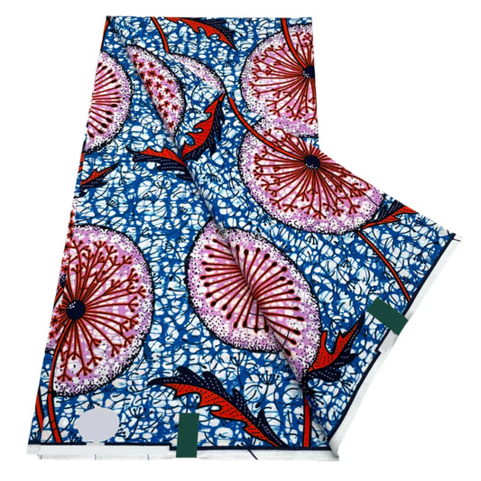 Crimson Dandelion Print with Coral Accents on Deep Indigo Batik and Blue-White Marble Background Crimson Dandelion