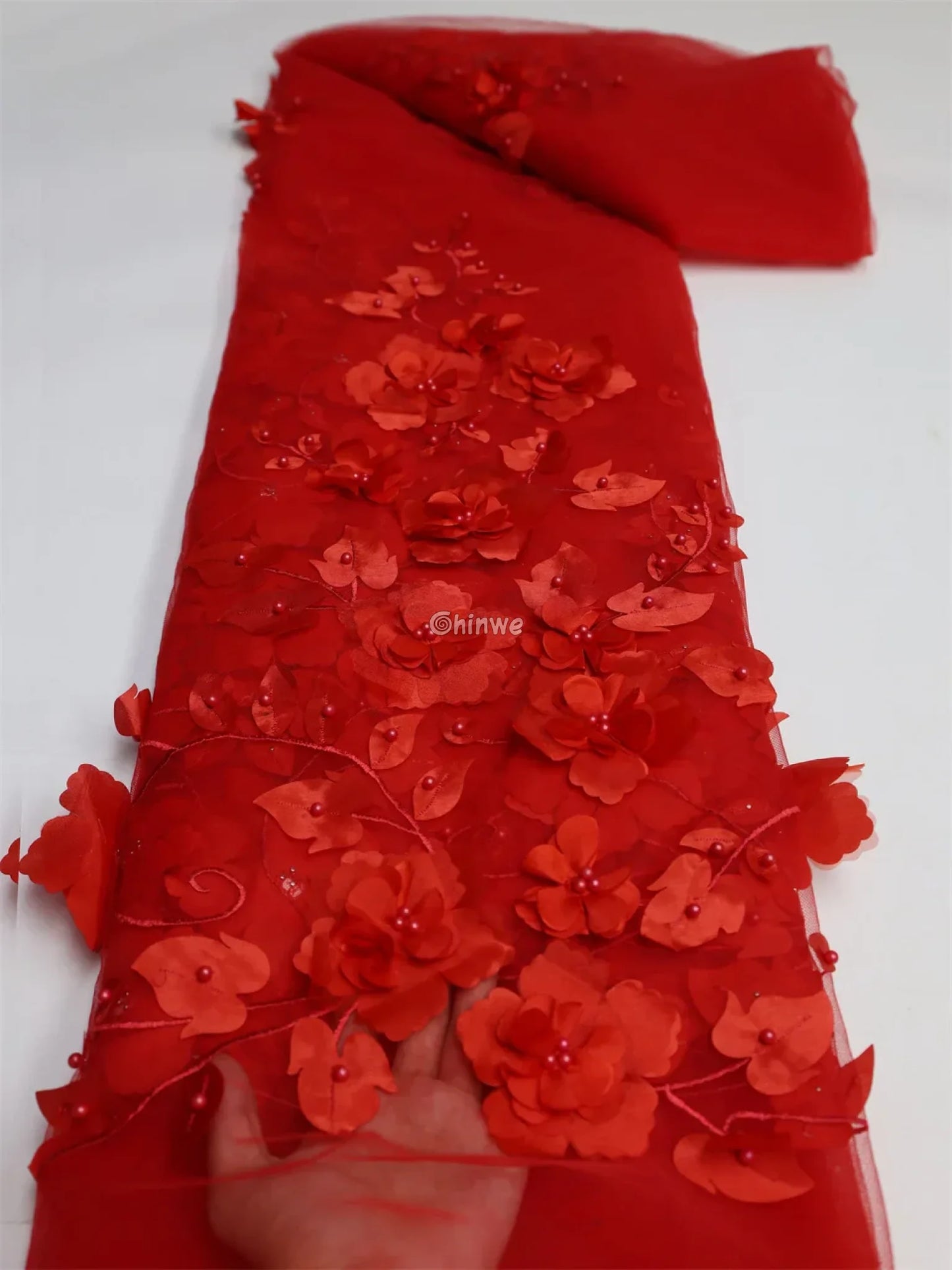 vory Blush Pink Peach & Scarlet Red 3D Floral Appliqué Mesh Lace with Beaded Embroidery Scarlet Red / 1 Yards / 120cm