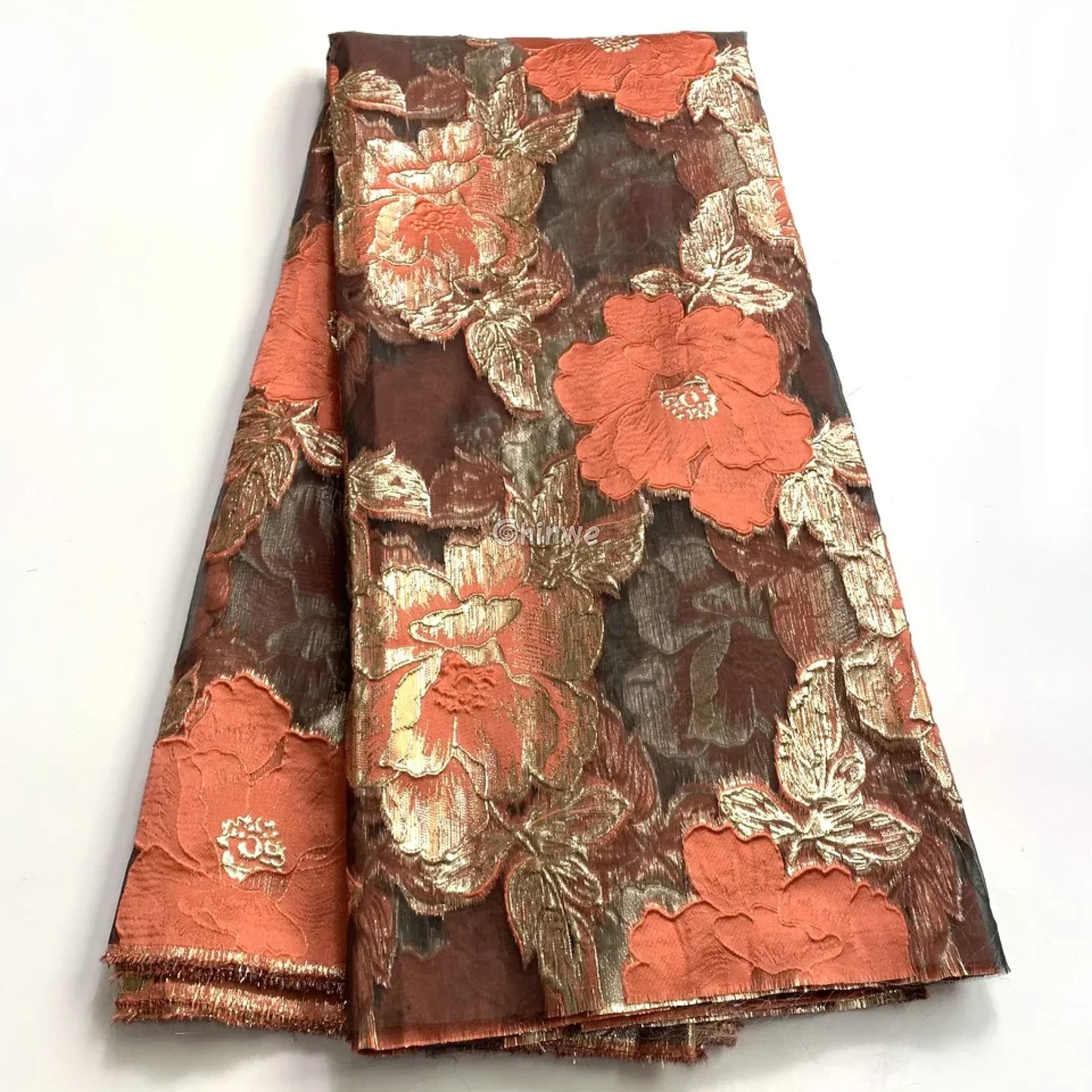 Jacquard Brocade Floral Lace Fabric with Metallic Embroidery and Sheer Mesh Backing Overlay Orange/peach flowers on